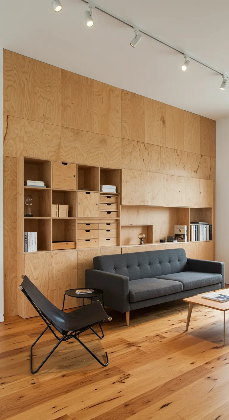A full wall of light plywood cabinets mixing open shelving, closed cupboards, and small drawers.