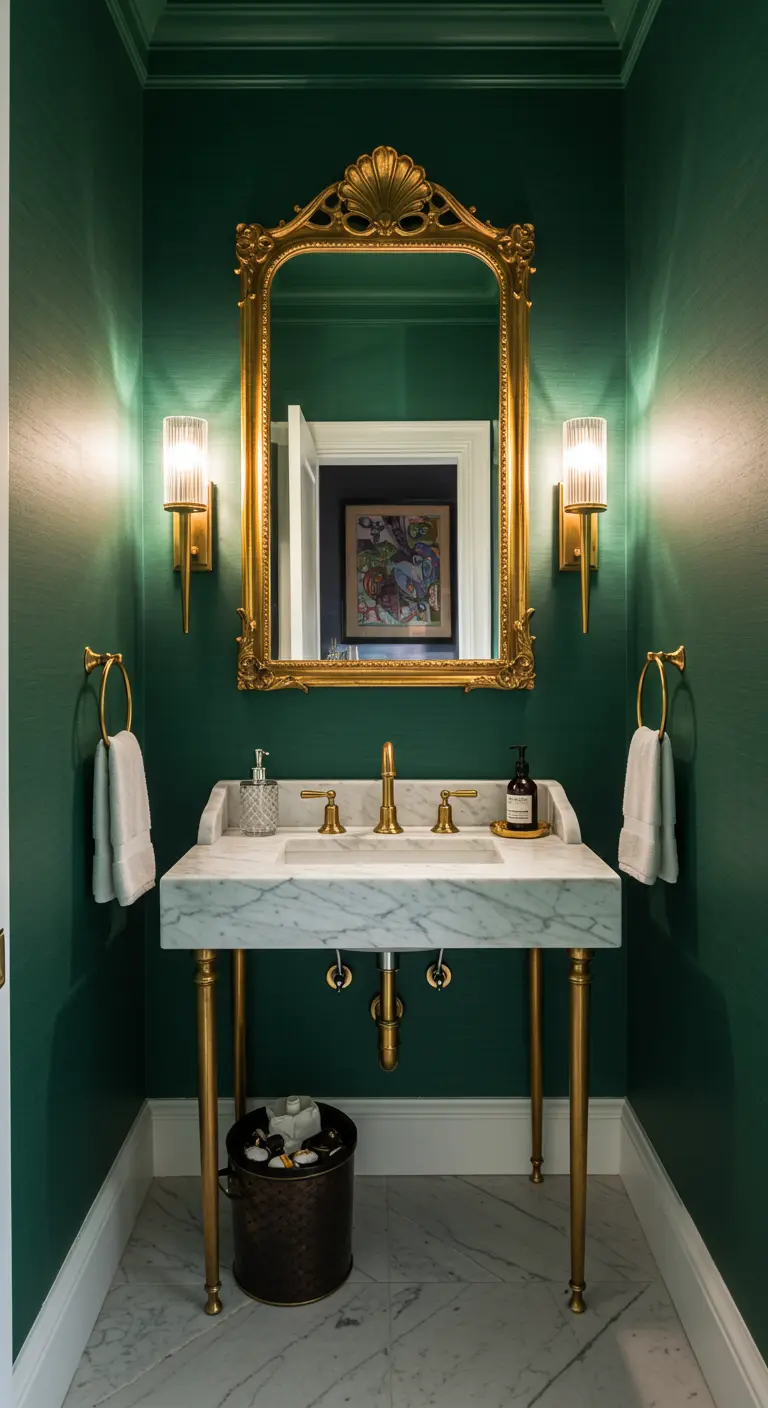 Powder room with deep green walls, an ornate gilded mirror, and a modern marble and brass console sink.
