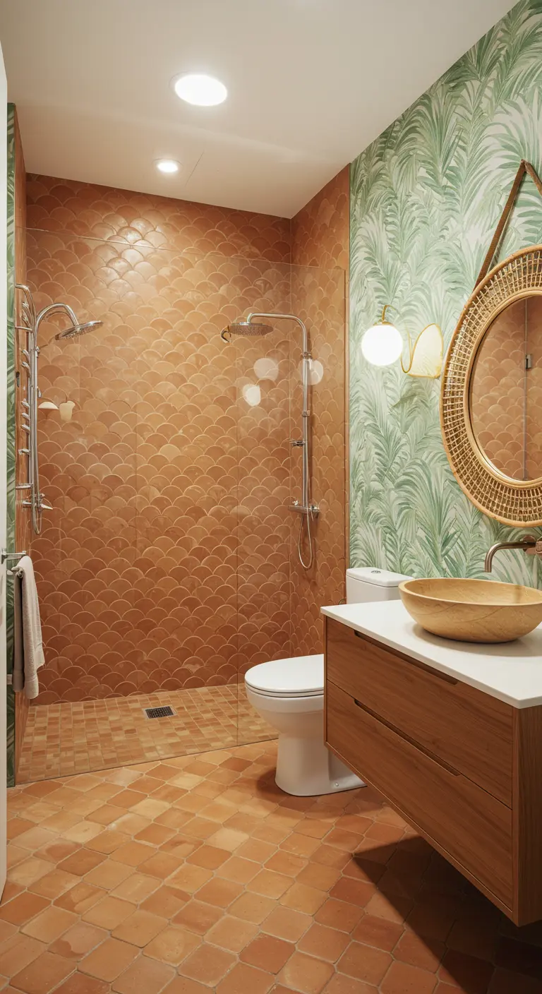 Bathroom with green palm wallpaper and terra-cotta fish-scale tiles in the shower.
