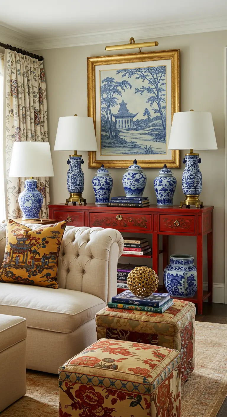 A neutral sofa with mixed-pattern pillows and ottomans in front of a red console.