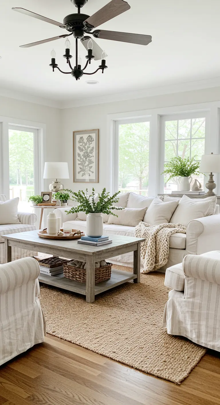 Farmhouse living room with a white sofa, striped slipcovered armchairs, and a jute rug.