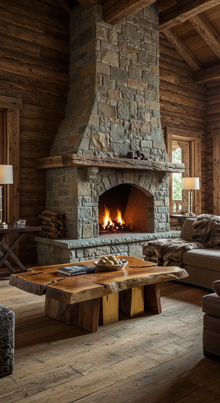 A rustic log cabin living room with a large stone fireplace and a live-edge coffee table.