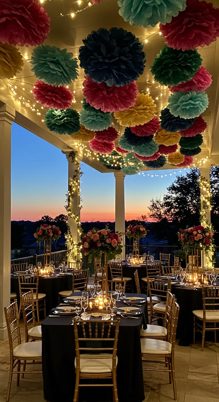 Colorful pom-poms and string lights over an elegant outdoor dinner party at sunset.