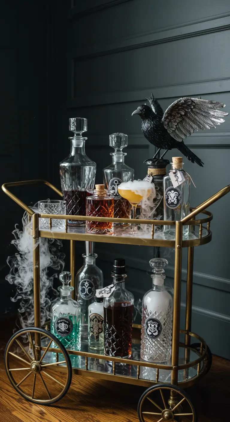 A gold bar cart styled as an apothecary station with smoking cocktails and a black crow.
