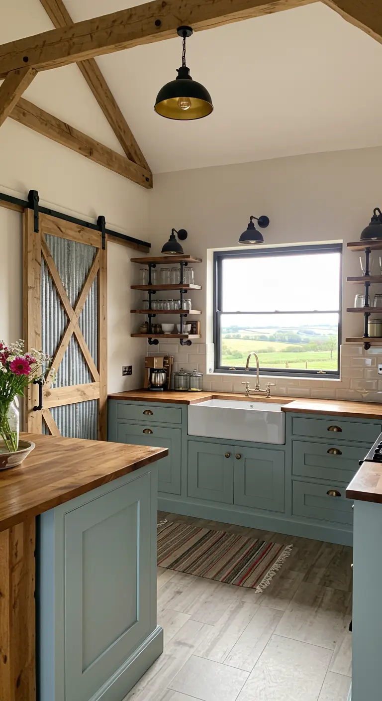 Farmhouse kitchen with sage green cabinets and a wood barn door with a corrugated metal panel.