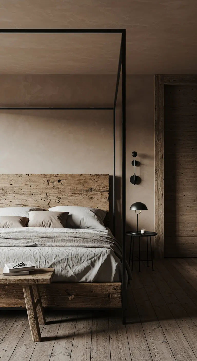 Modern rustic bedroom with a reclaimed wood headboard and a sleek black metal canopy frame.