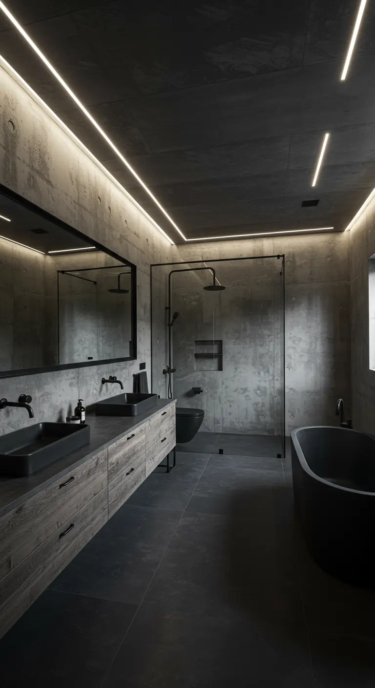 Industrial bathroom with concrete walls, a weathered wood vanity, and black vessel sinks.
