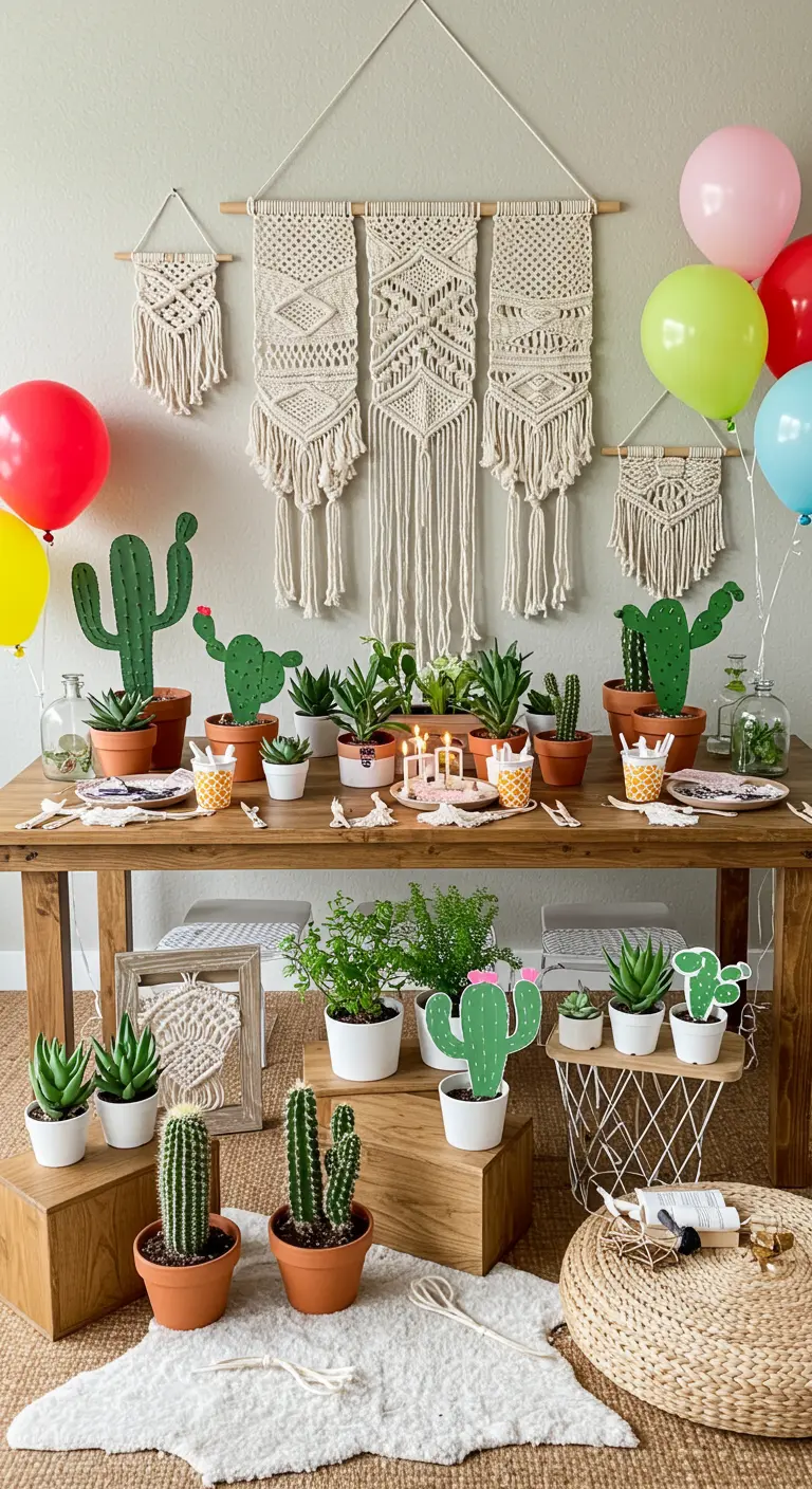 A birthday table decorated with real potted plants and playful cardboard cactus cutouts.