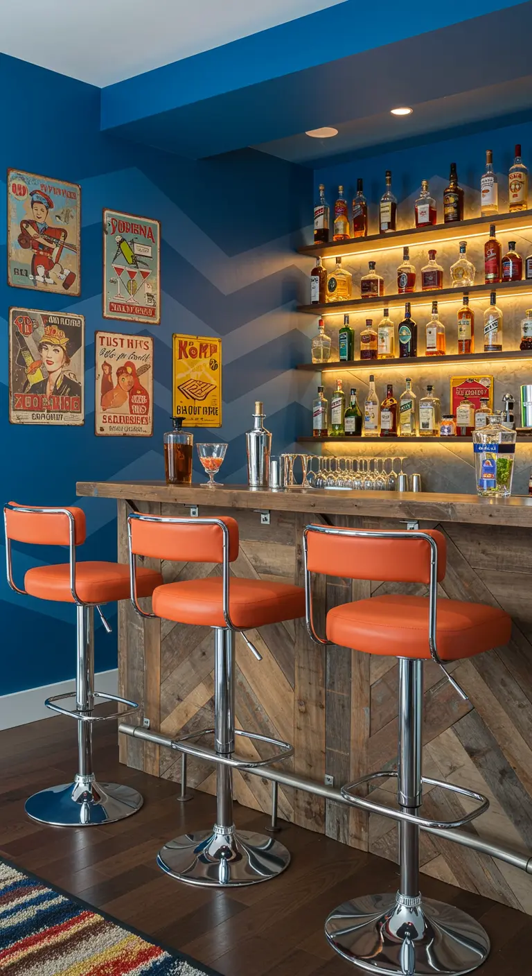 Home bar with a blue accent wall, a reclaimed wood bar, and bright orange stools.