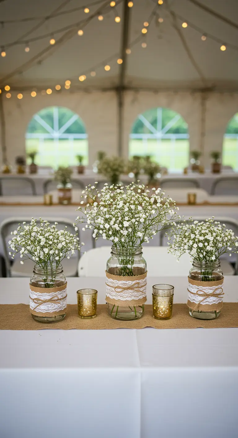 Mason jar centerpieces wrapped in burlap and lace, filled with baby's breath on a rustic runner.