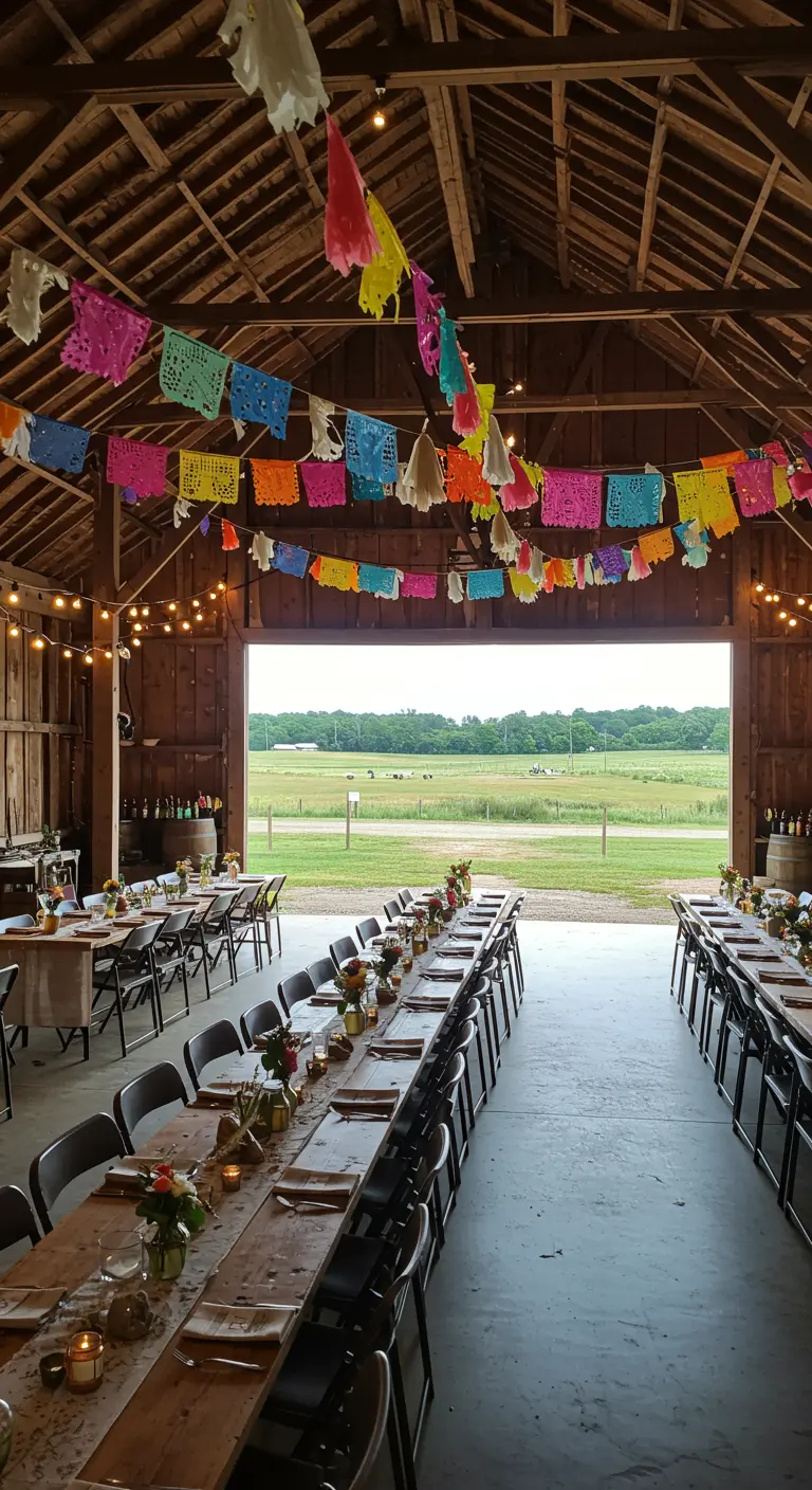 A rustic barn interior with colorful papel picado banners strung across the open doorway.