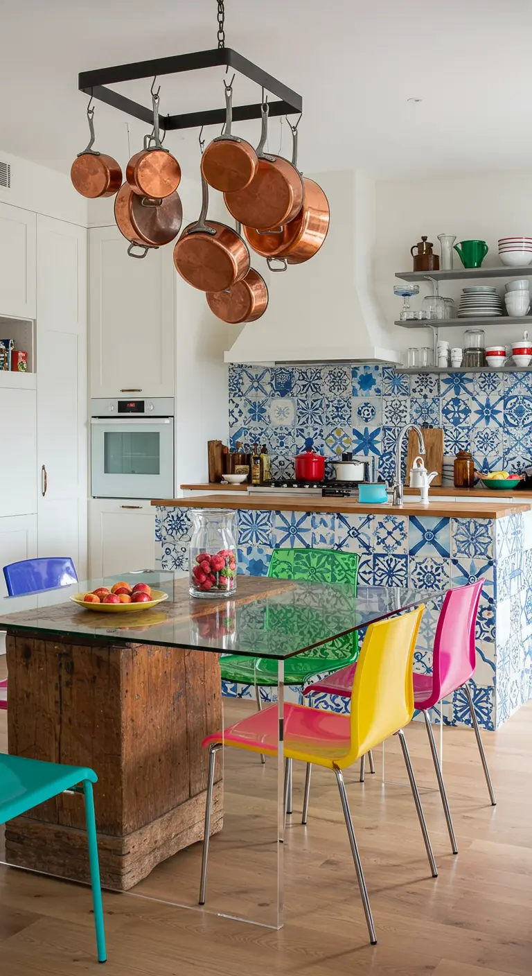 Kitchen with a blue-and-white tile island, rustic wood base, and colorful transparent chairs.