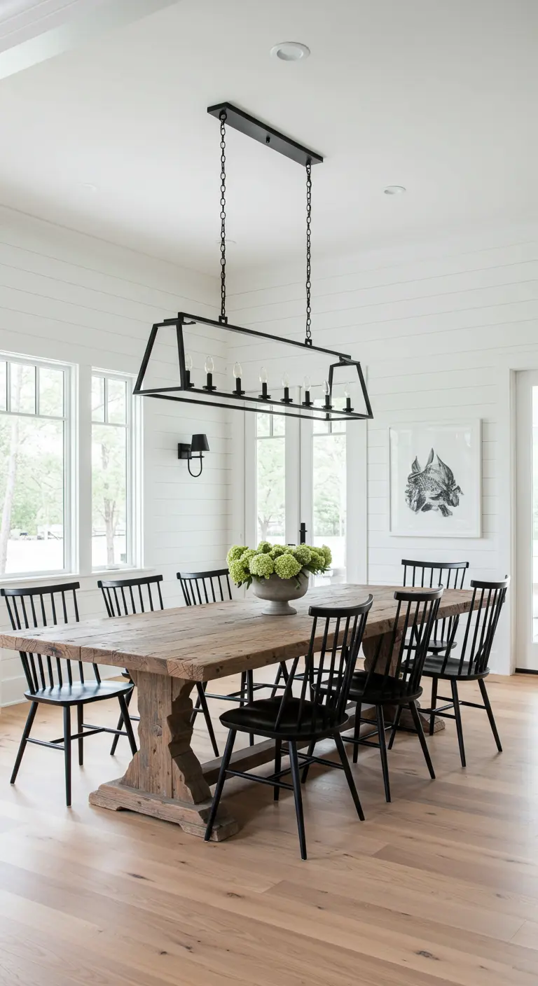 Dining room with a rustic wood table, black chairs, and a long industrial chandelier.