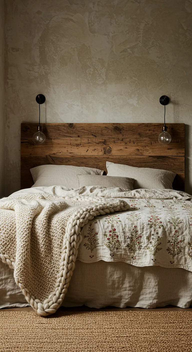 Reclaimed wood headboard with a chunky knit blanket and delicate floral bedding.