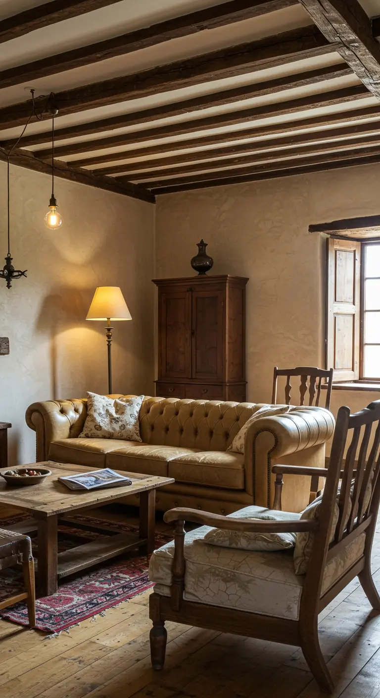 European farmhouse living room with a tufted leather sofa and mismatched wooden armchairs.