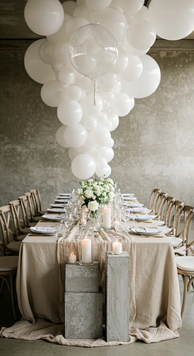 A massive white balloon cloud over a linen-draped table with concrete blocks as decor.