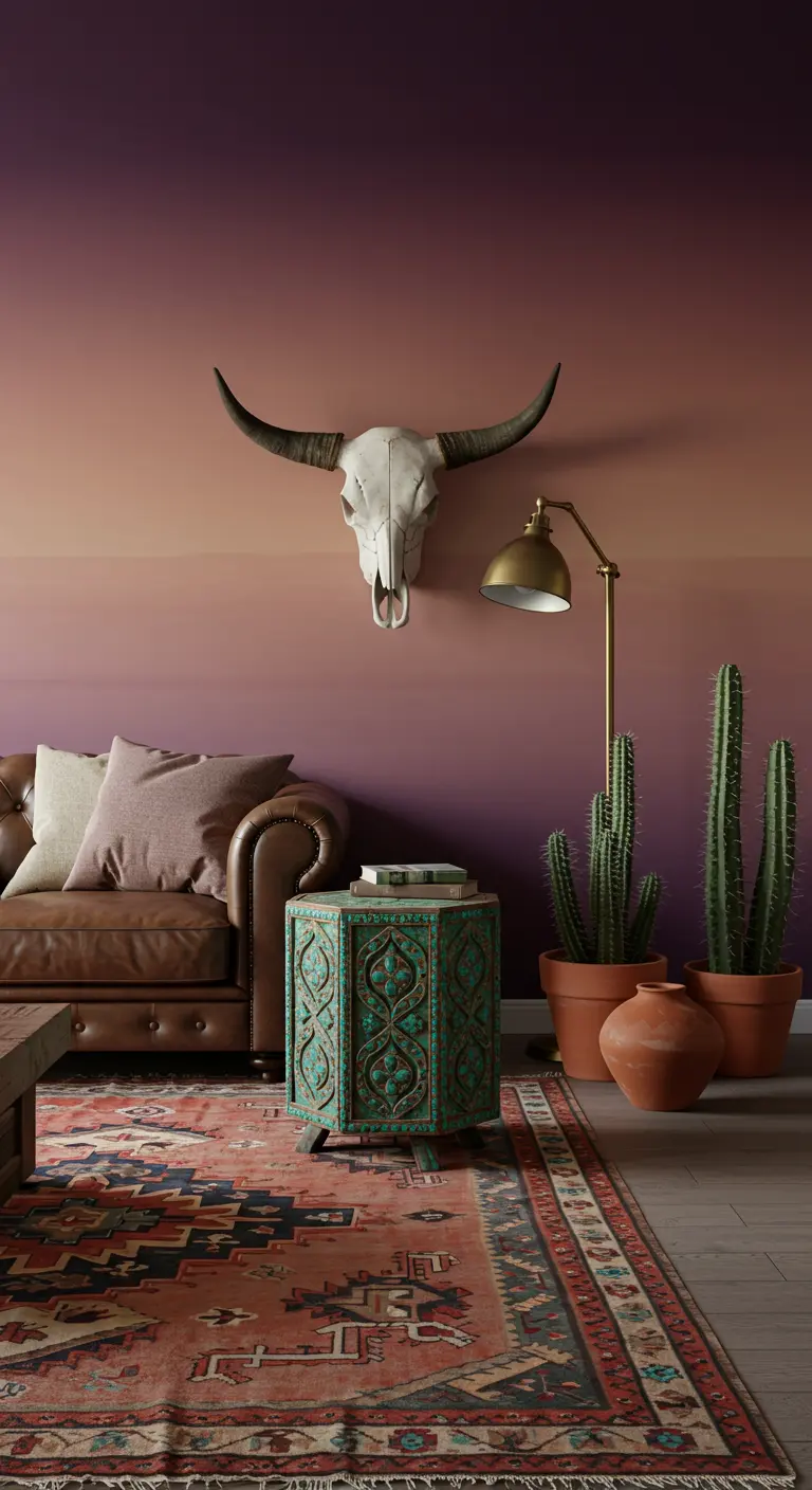 Brown leather sofa and carved teal side table in front of a purple ombre wall.
