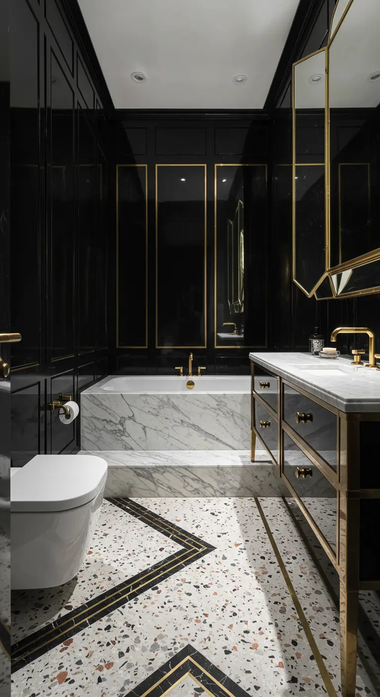 Bathroom with black lacquer walls, a terrazzo floor, and a marble-clad bathtub.