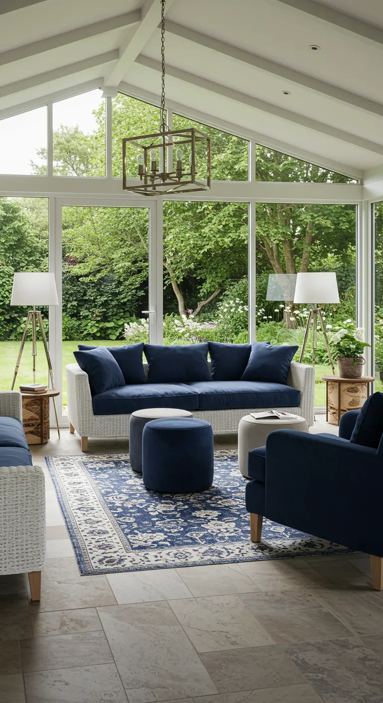 Sunroom with a white wicker sofa, navy velvet chairs, and a blue patterned rug.