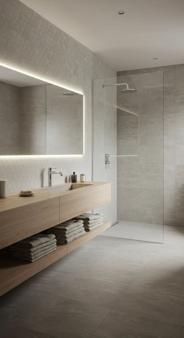 Modern bathroom with a floating wood vanity, backlit mirror, and hexagonal wall tiles.
