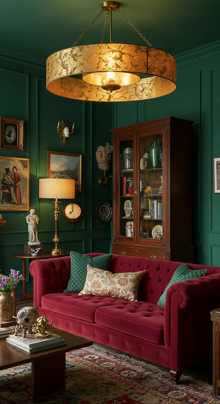 Eclectic room with green walls, a red sofa, a traditional wood cabinet, and a gold drum light.