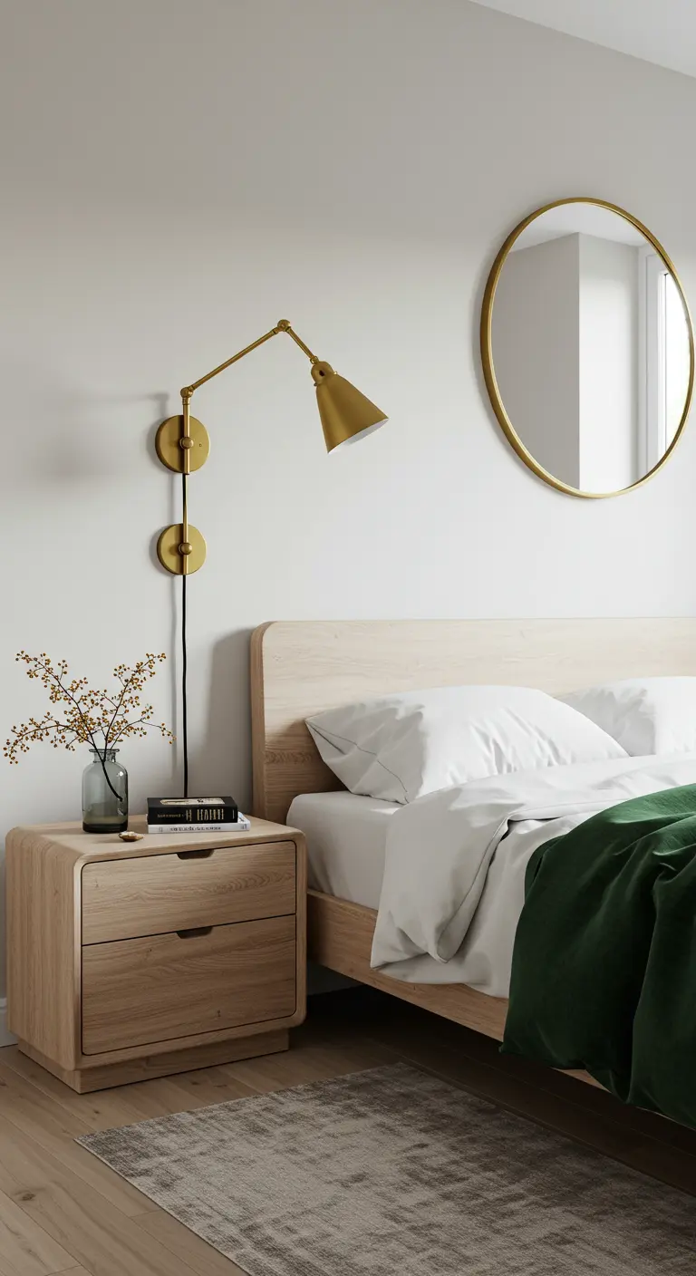 A light wood nightstand with a brass sconce and a round gold mirror on the wall above.