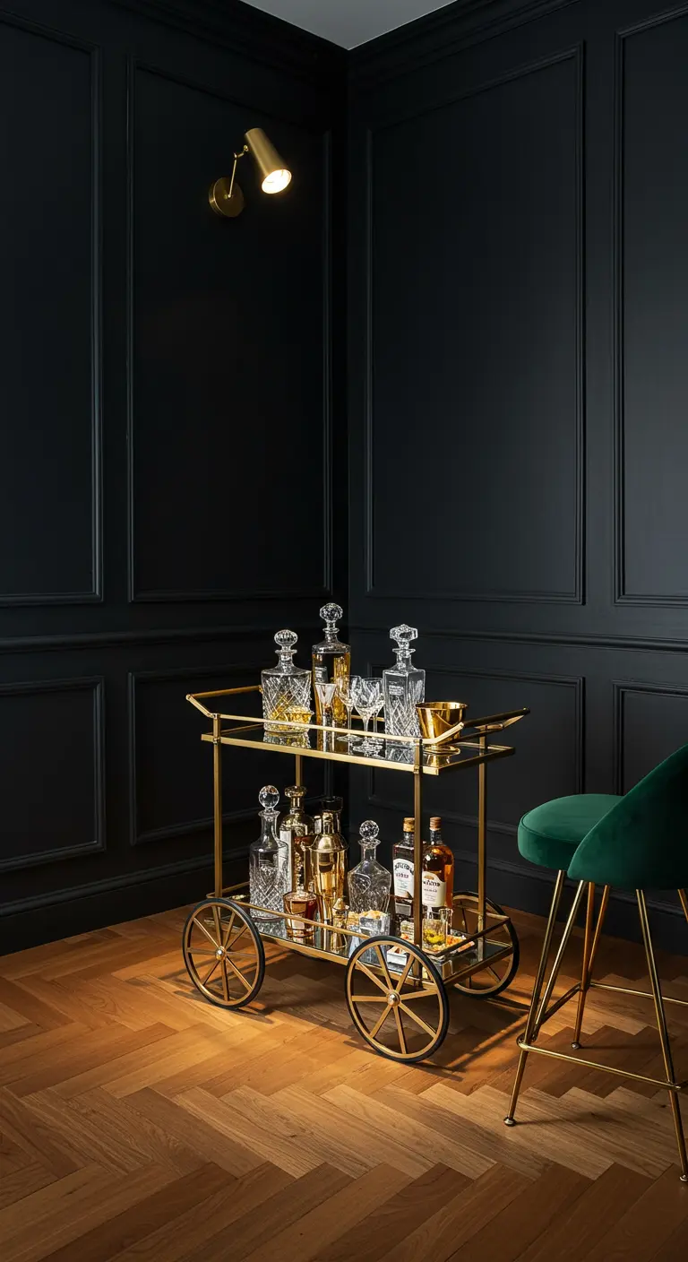 A gold and glass bar cart with crystal decanters, styled in a room with dark walls.