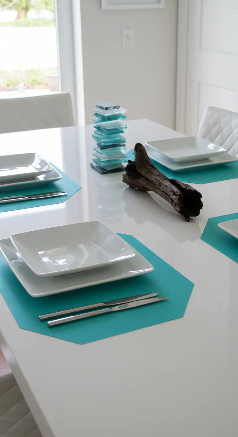 Modern table setting with geometric placemats and a stacked sea glass sculpture.