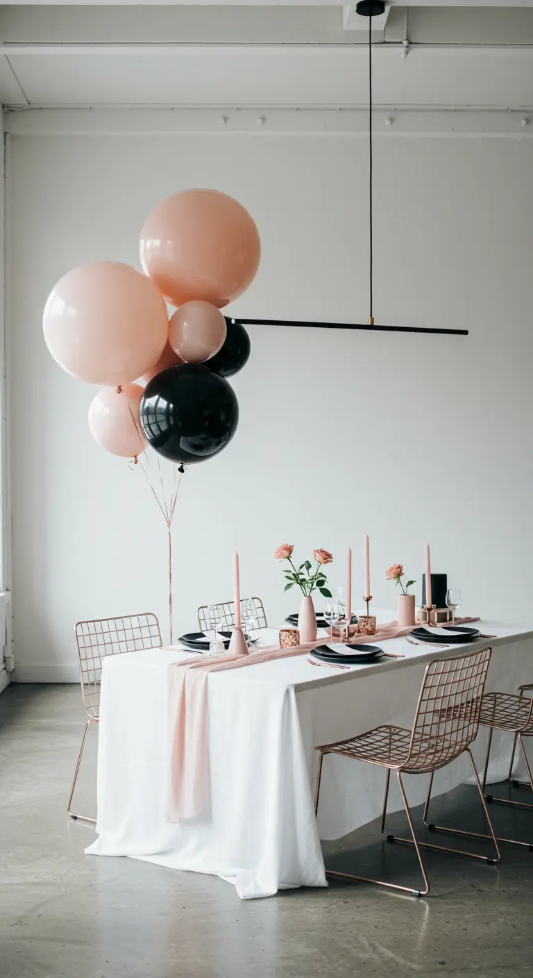 Minimalist white table setting with a floating cluster of blush and black balloons.