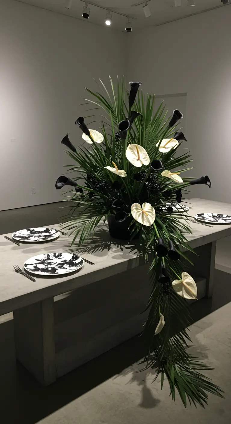 A minimalist table with a dramatic centerpiece of black and white calla lilies spilling over.