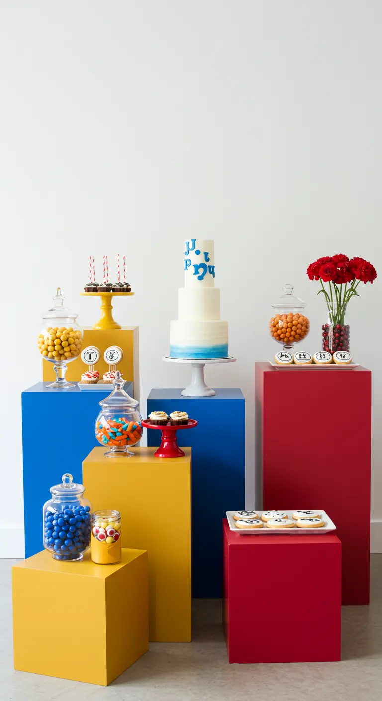 Colorful pedestals in blue, red, and yellow displaying cakes and candy jars.