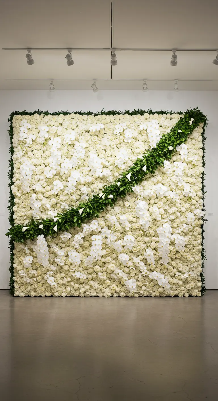 White flower wall with a diagonal green sash of calla lilies.