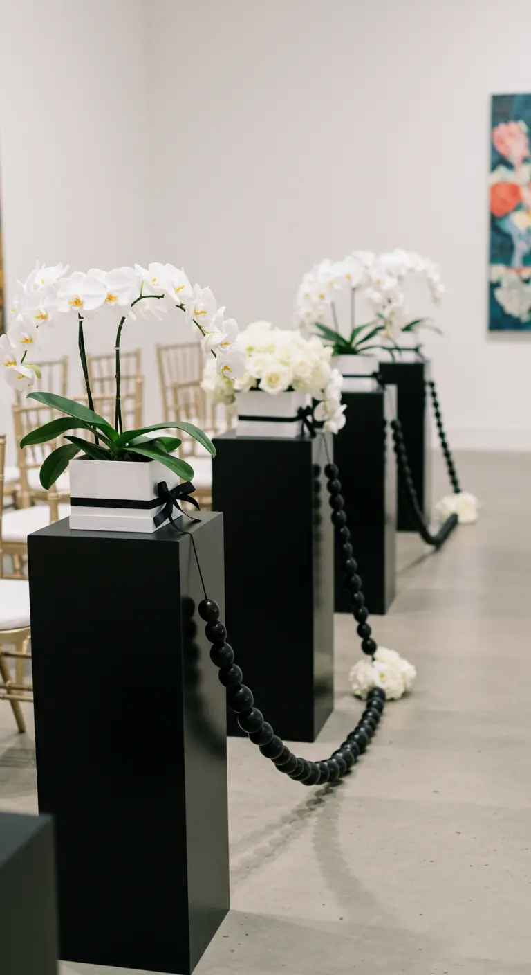 Aisle lined with black pedestals holding white orchids, connected by black bead garlands.