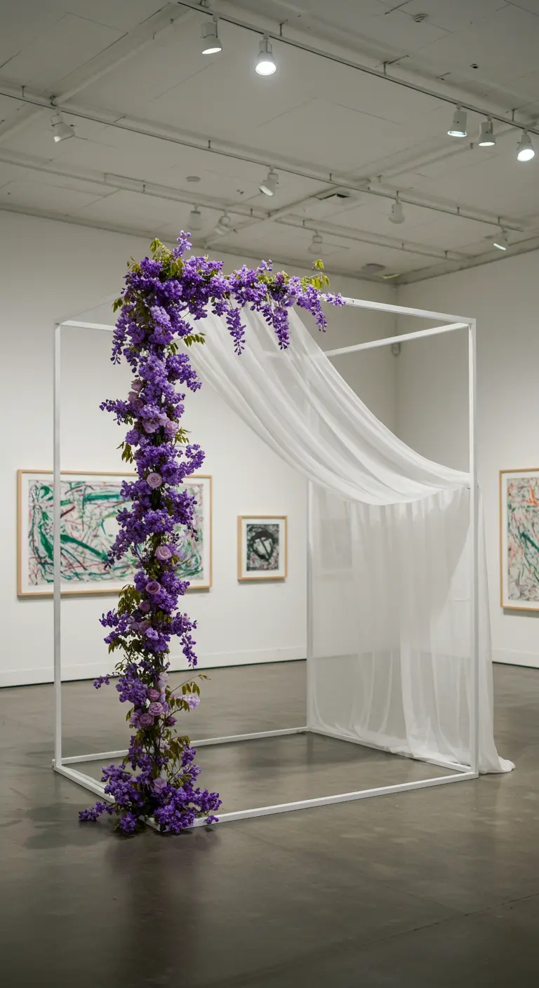Minimalist white cube arch with a single wisteria vine in an art gallery.