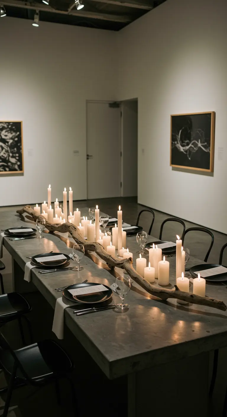 A long driftwood branch lined with dozens of white pillar candles on a modern concrete table.