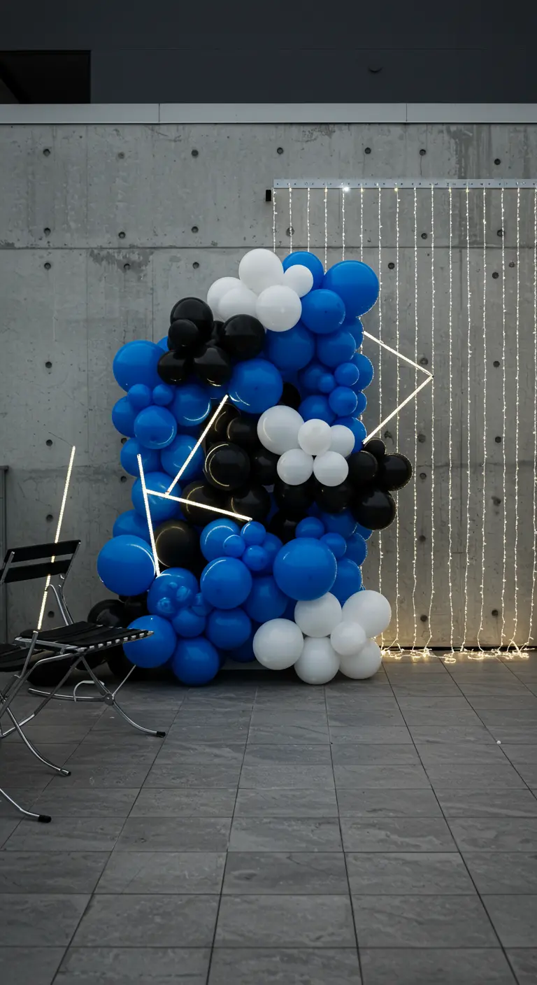 A modern balloon cluster in blue, black, and white built around a geometric light fixture.