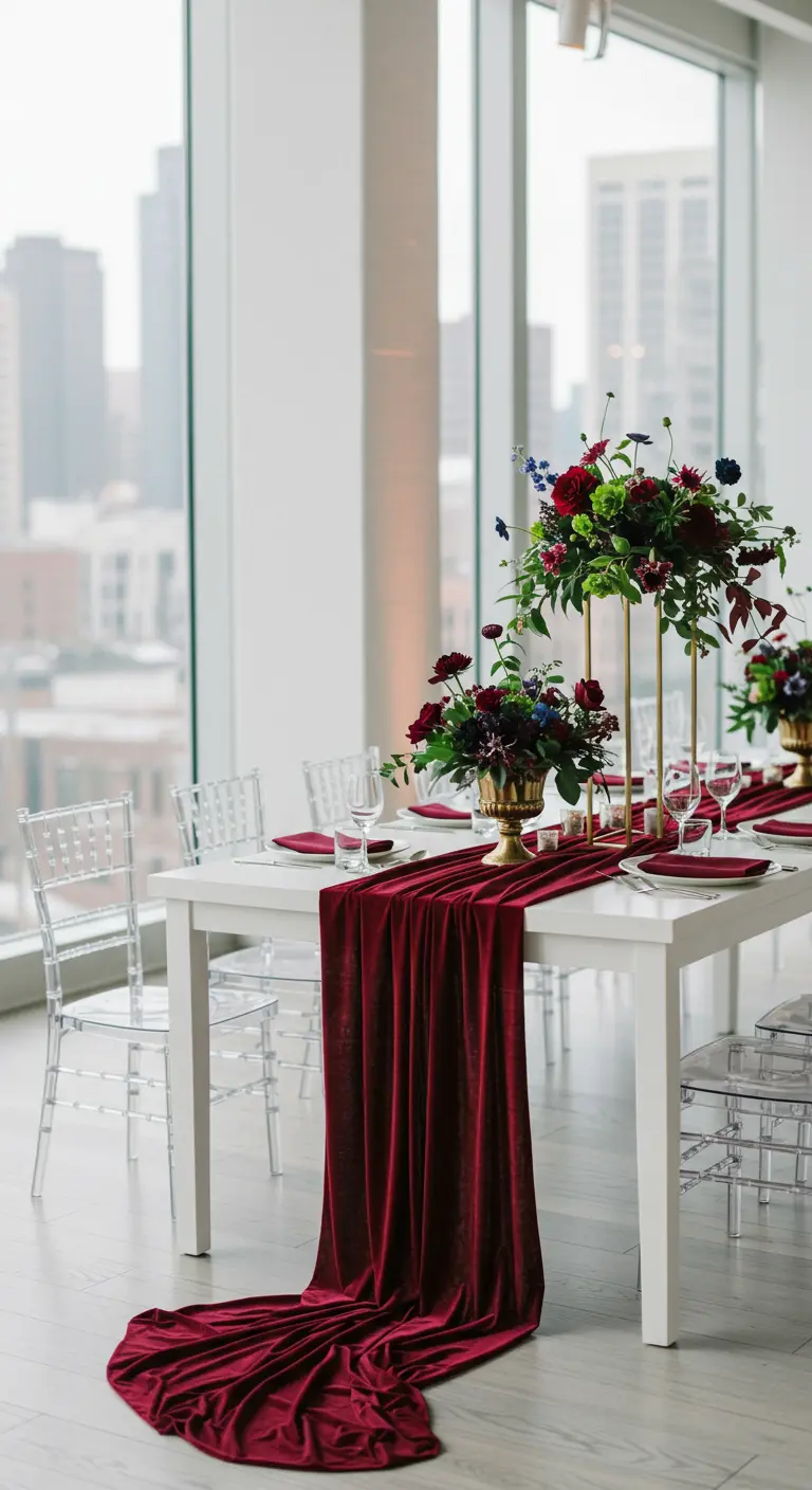 Modern room with city views, white tables, long red velvet runners, and red and blue floral centerpieces.