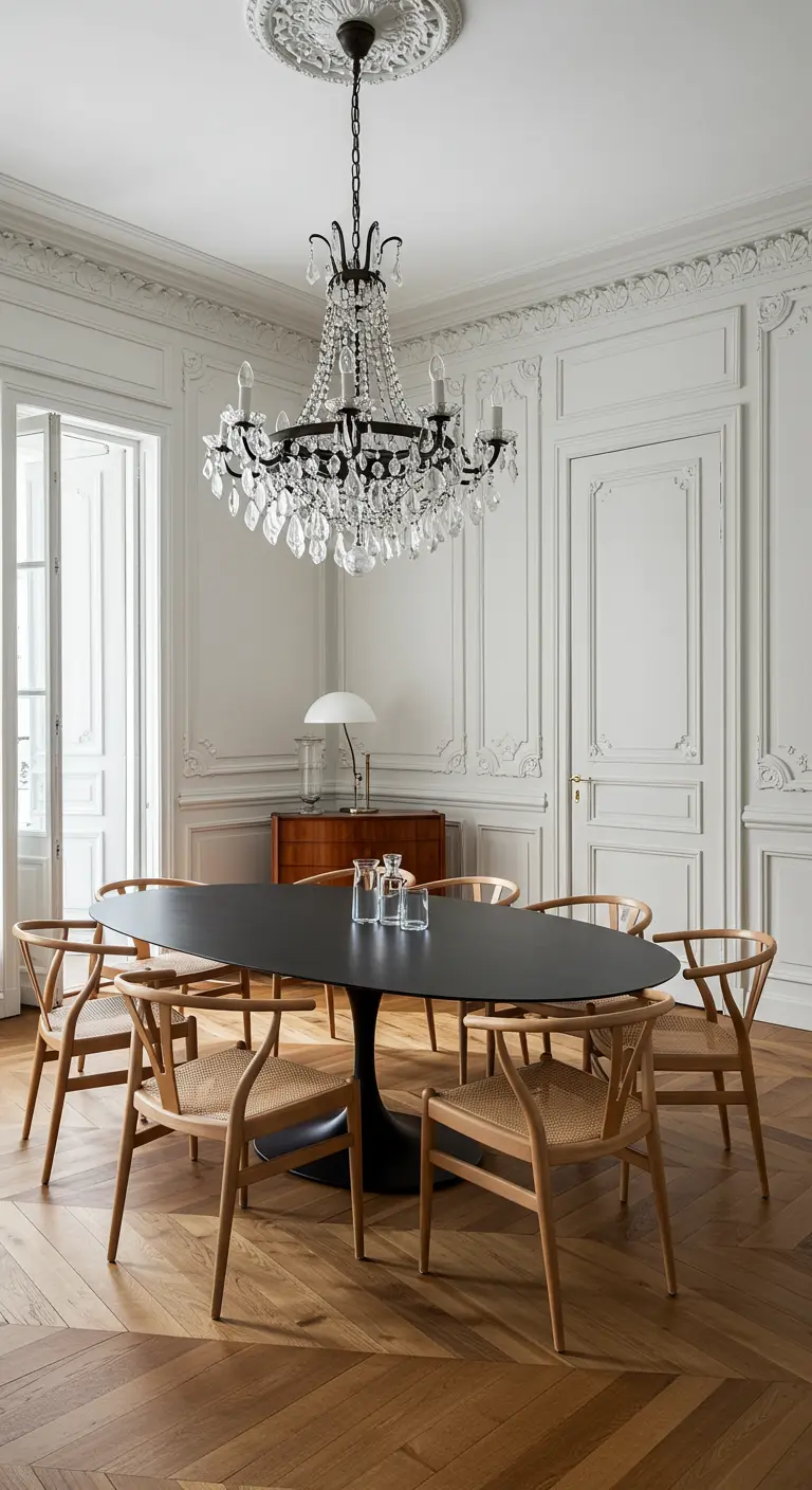 An elegant Parisian dining room with a matte black oval table and a large crystal chandelier.