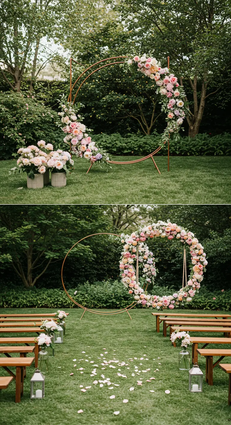 Two examples of copper wedding hoops, one deconstructed and one a floating wreath.