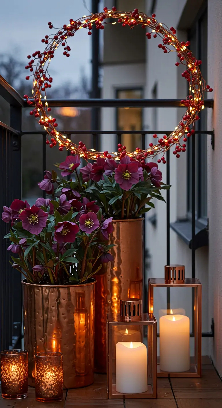 Balcony with Hellebores in copper pots and a modern, light-up berry wreath.
