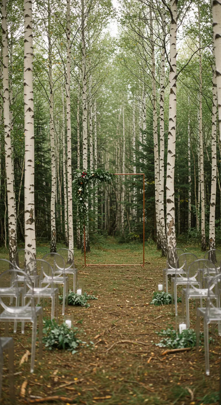 Minimalist copper wedding arch with an asymmetrical floral spray in a birch forest.