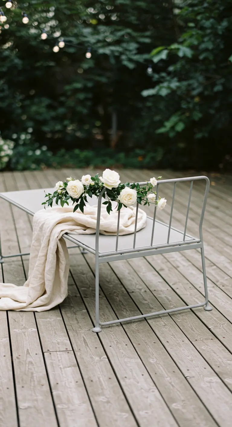 A simple gray metal daybed on a wooden deck, with a small white rose garland.