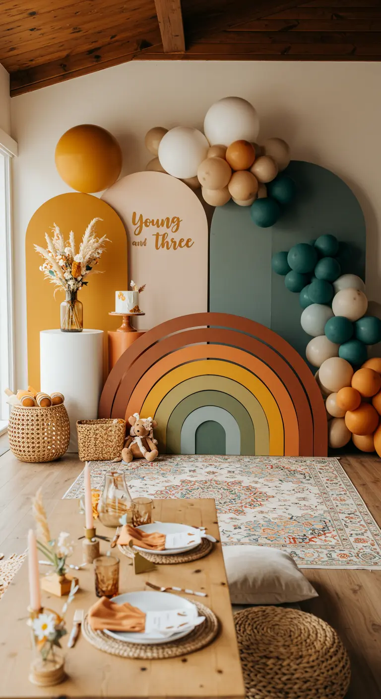 A large, 3D rainbow prop painted in muted earth tones behind a party table.