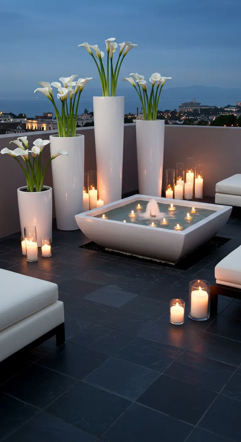 A modern patio with tall white vases of calla lilies and a water feature with floating candles.