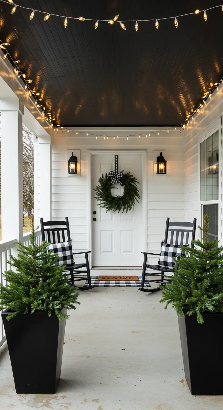A modern farmhouse porch with white siding, black planters and chairs, and buffalo check accents.