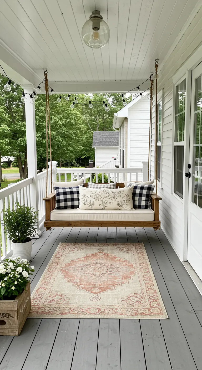 A modern farmhouse porch with a wooden swing, buffalo check pillows, and a vintage-style rug.