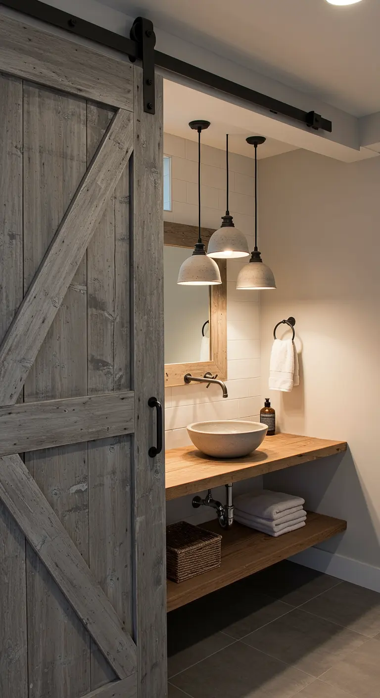 A weathered gray sliding barn door opens to a bathroom with a wood vanity and pendant lights.