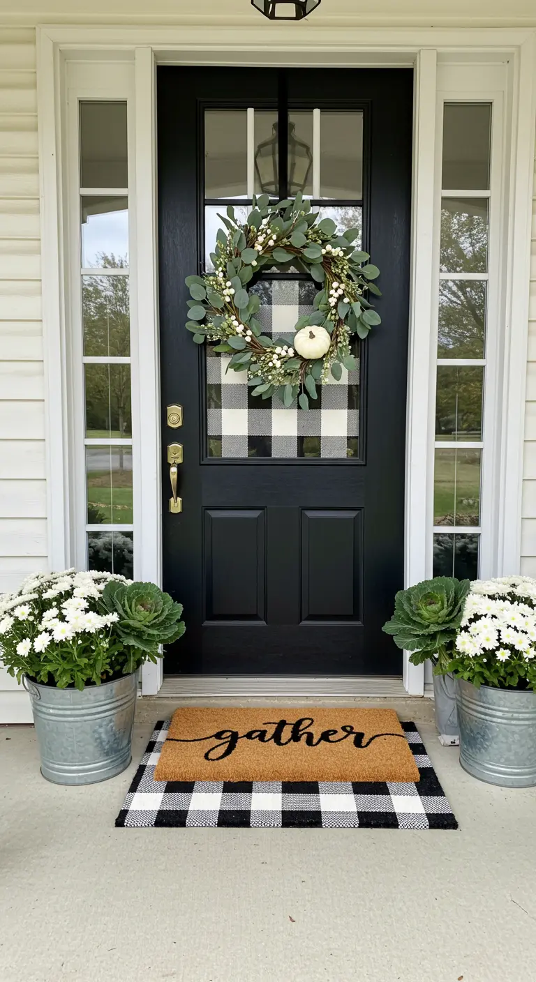Black door with a eucalyptus wreath, white mums, and a layered buffalo check doormat.