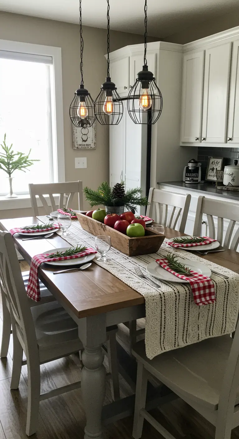 Farmhouse table with a patterned runner, gingham napkins, and an apple centerpiece.