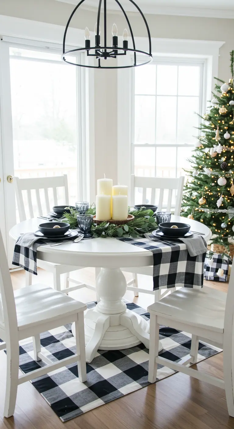 White dining table with black and white buffalo check runner, black plates, and evergreen centerpiece.